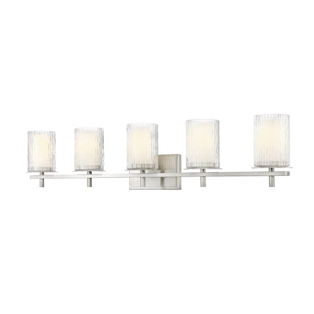Z-Lite Grayson Vanity, 5-Light, 40 In.W x 5.75 In.L x 8.5 In.H, Brushed Nickel/Clear + Etched Opal 1949-5V-BN
